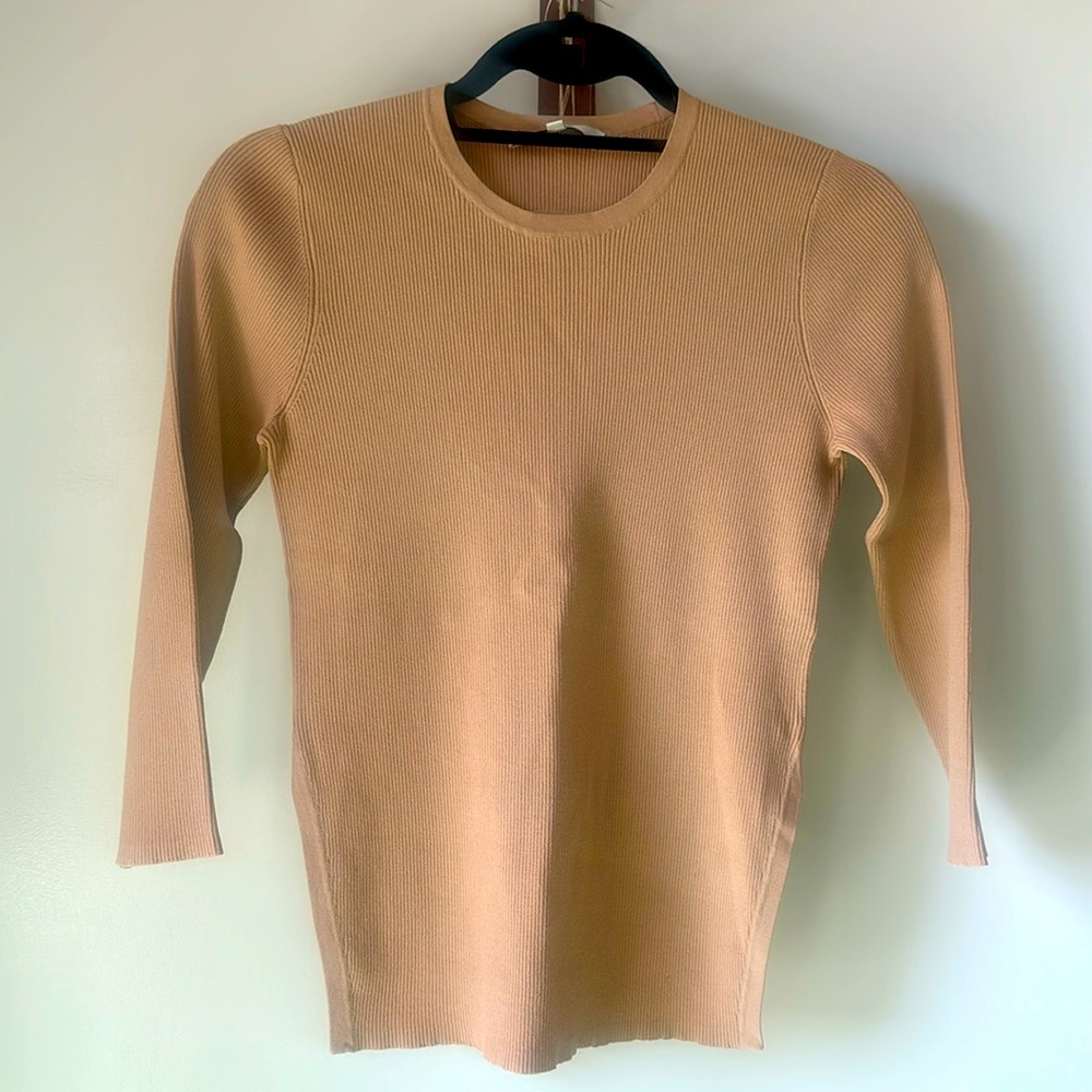 TIBI Giselle Stretch Sweater Circle Openback Pullover shirt. camel color. medium
